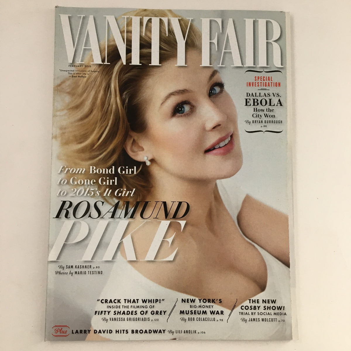 Vanity Fair Magazine February 2015 featuring Rosamund Pike on the cover, showcasing her beauty and elegance, with headlines mentioning her journey from Bond Girl to Gone Girl.