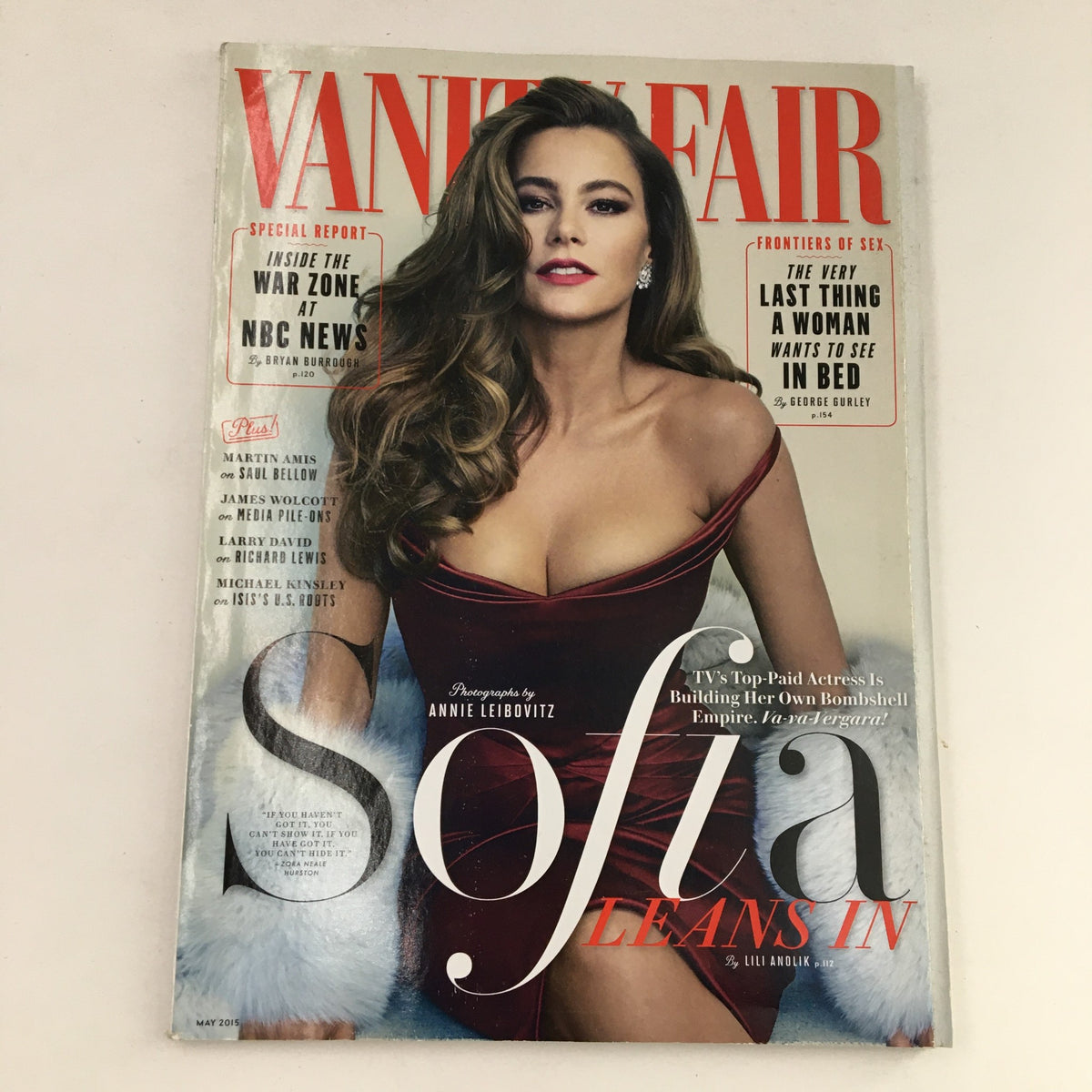 Cover of Vanity Fair Magazine May 2015 featuring Sofia Vergara, with bold text stating 'Sofia Leans In'. The magazine includes features on Martin Amis, Larry David, and cultural commentary in Excellent condition.