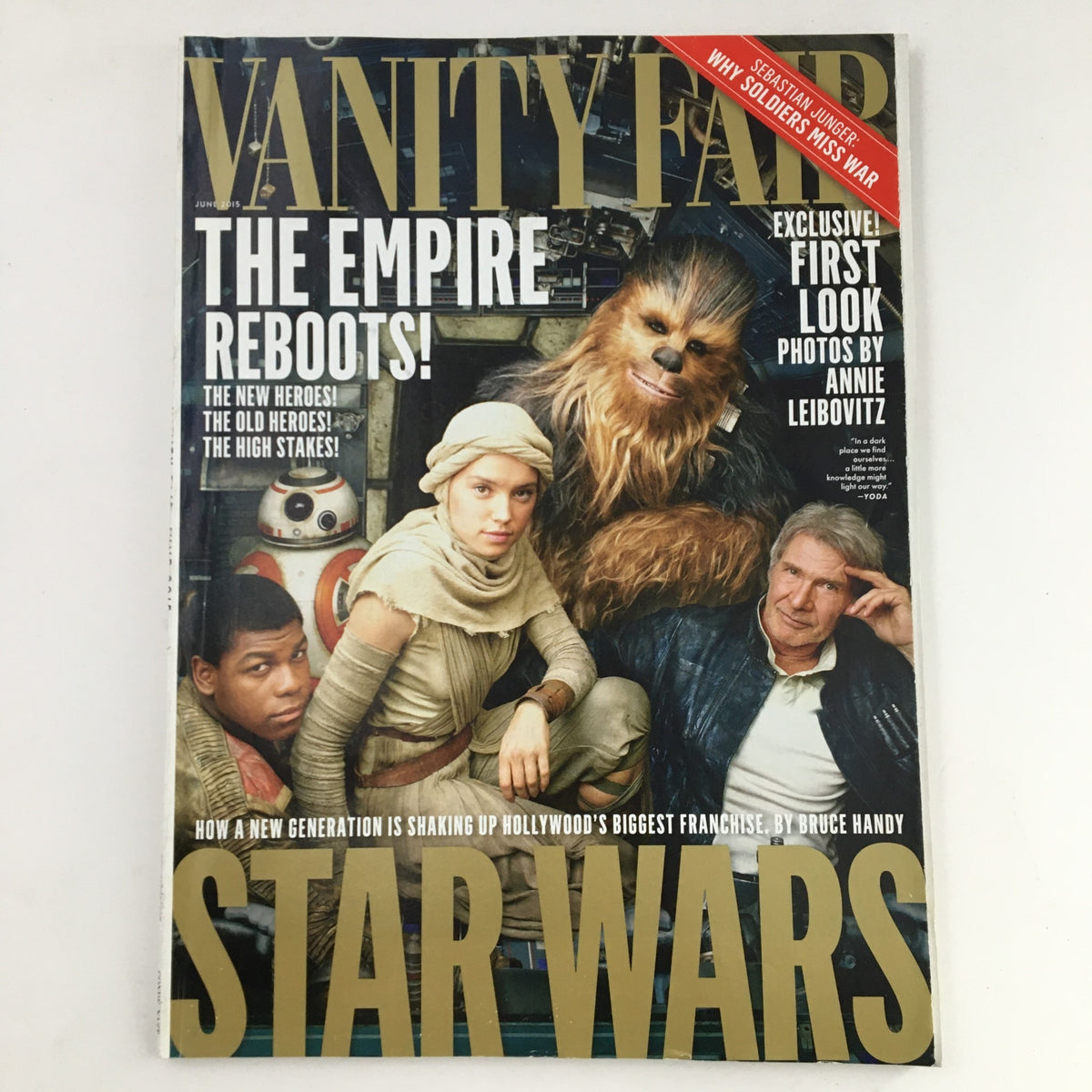 Vanity Fair Magazine June 2015 featuring Star Wars stars Daisy Ridley and John Boyega, with Chewbacca, highlighting the return of the iconic franchise in an engaging cover story.