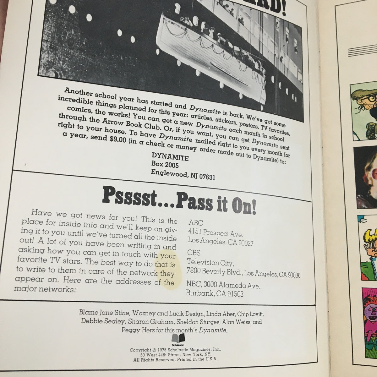 Inside page of Vintage Dynamite Magazine #16 with an advertisement text, encouraging readers to subscribe and featuring contact information for major TV networks.