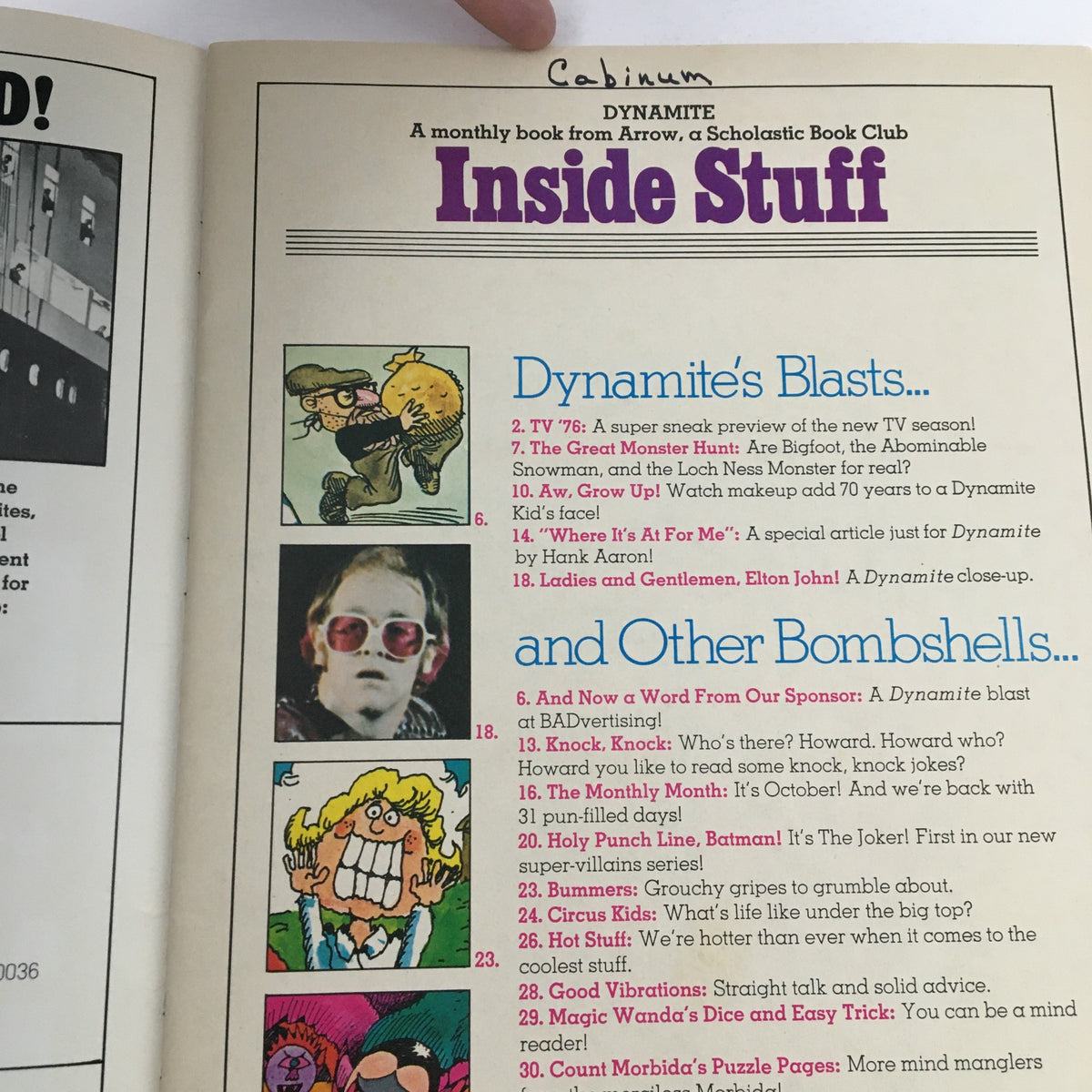 Inside page of VTG Dynamite Magazine #16 featuring a list of articles including a close-up of Elton John and various illustrations from the magazine's contents.
