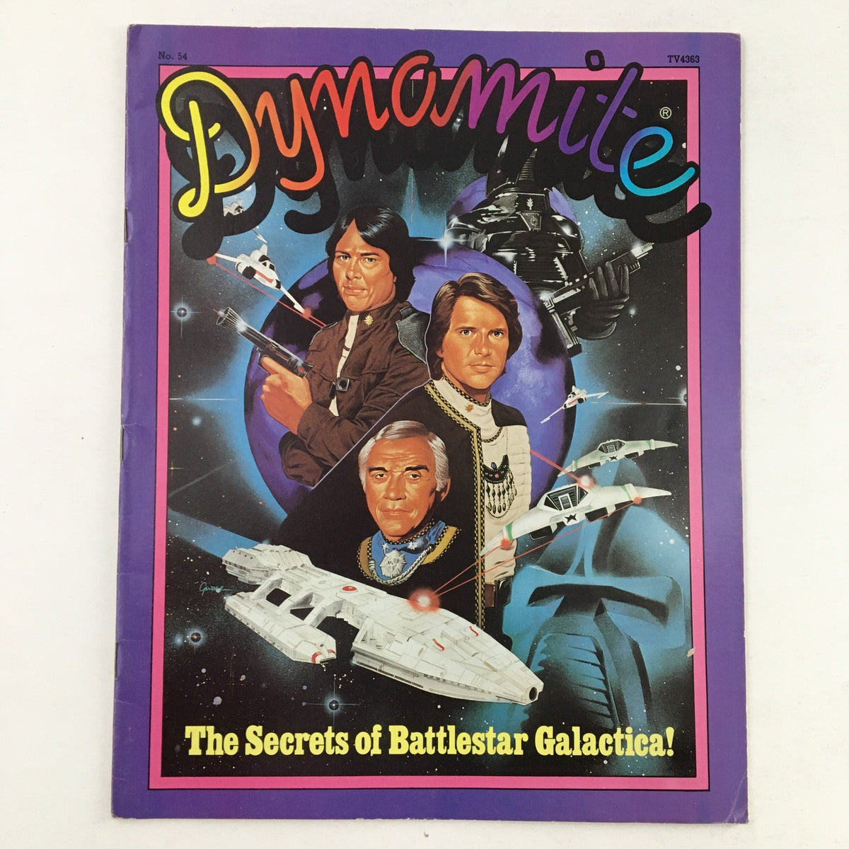 Dynamite Magazine #54 cover featuring 'The Secrets of Battlestar Galactica' with illustrations of characters and spaceships.
