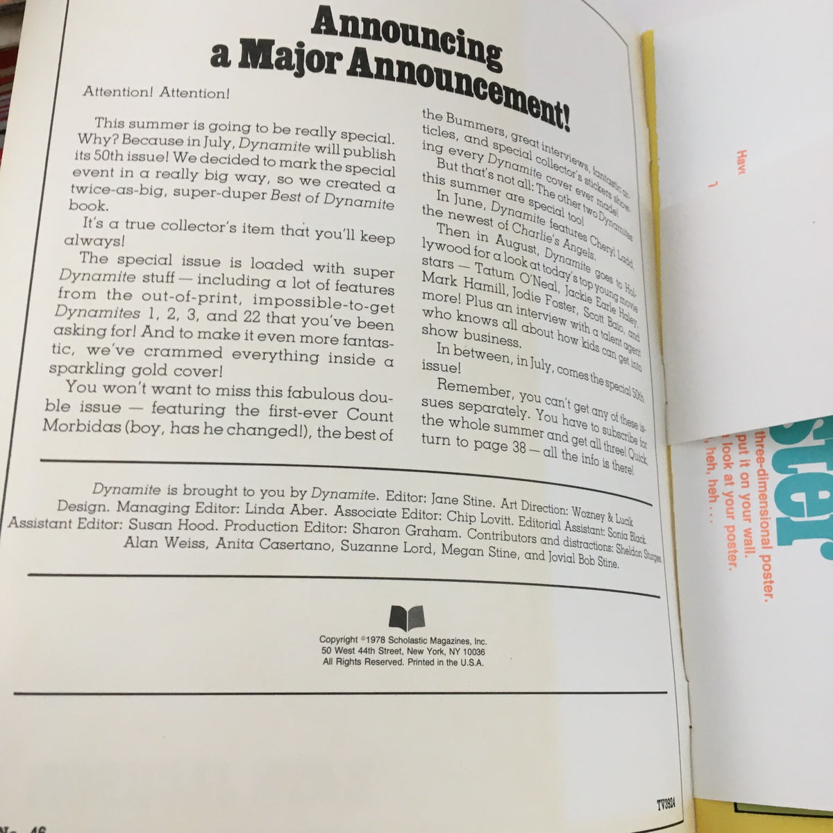 Interior page of VTG Dynamite Magazine #46 featuring a major announcement about upcoming special editions and collector's items, ideal for fans of vintage memorabilia and entertainment history.