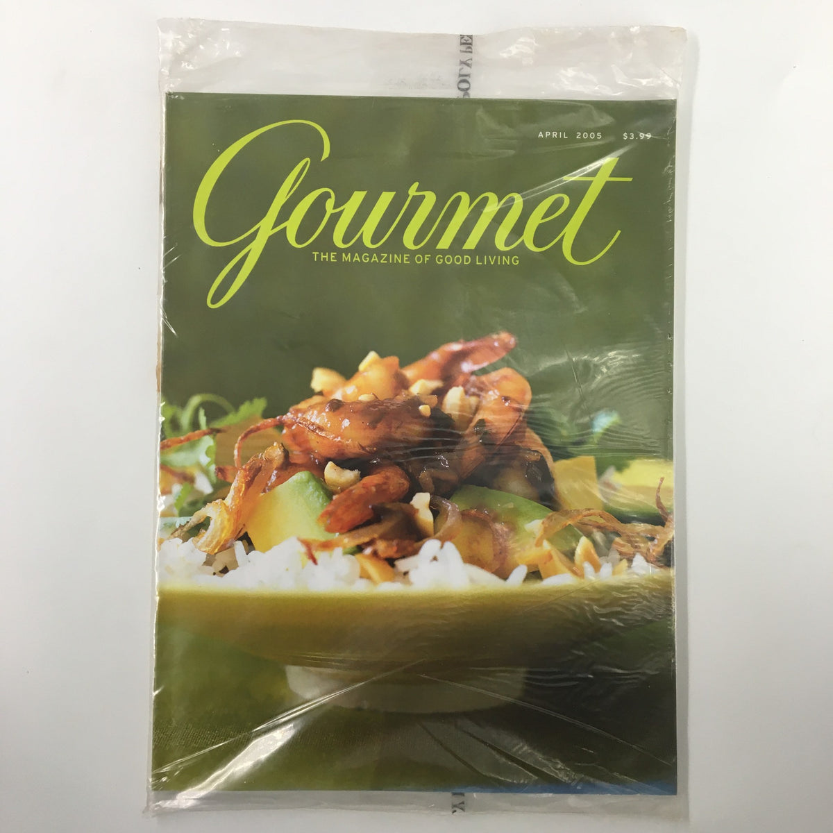 Gourmet Magazine April 2005 cover featuring a delicious dish, showcasing 'The Magazine of Good Living' with vibrant colors and a glossy finish, new and sealed.