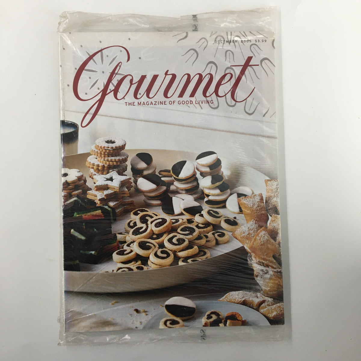 Gourmet Magazine December 2005 issue featuring Mini Black-and-White Cookies recipe, sealed in original plastic.