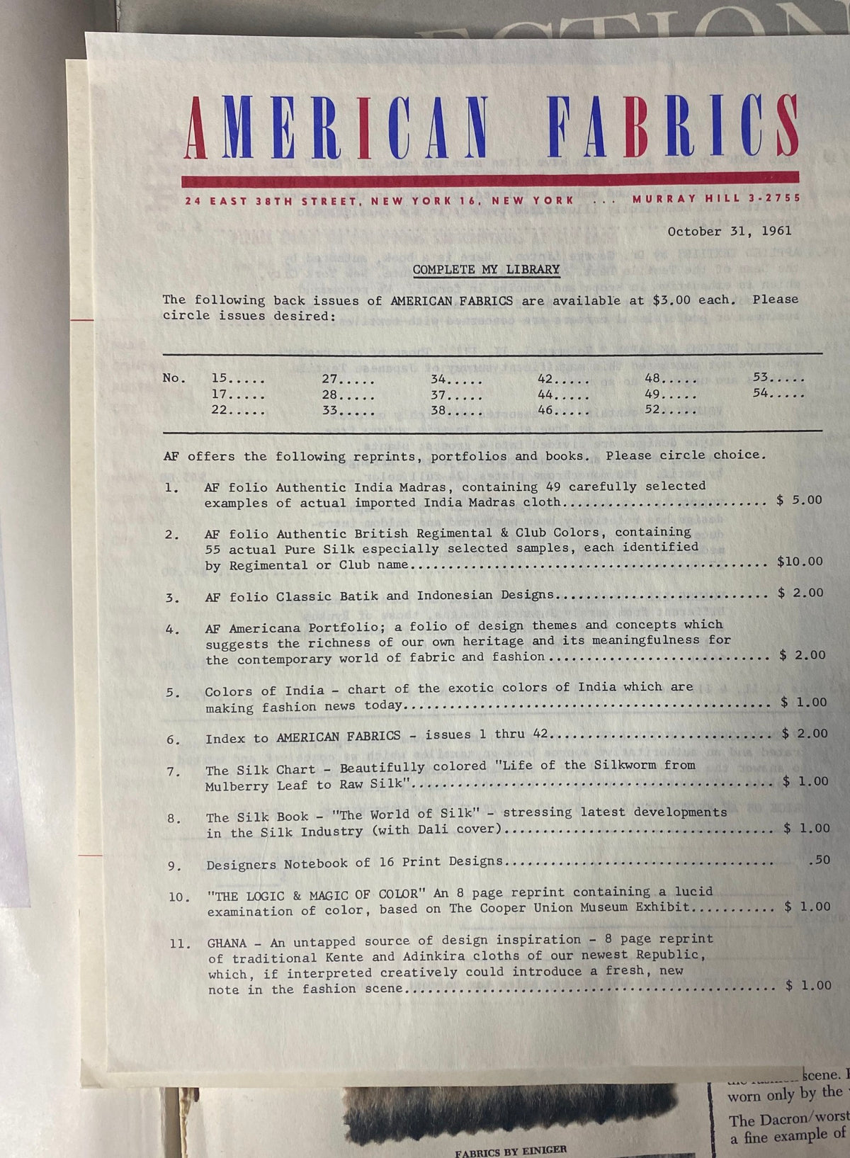 Image from the 1961-1962 American Fabrics Winter Catalog featuring a list of back issues available for purchase, highlighting textile samples and publications for collectors and fashion enthusiasts.