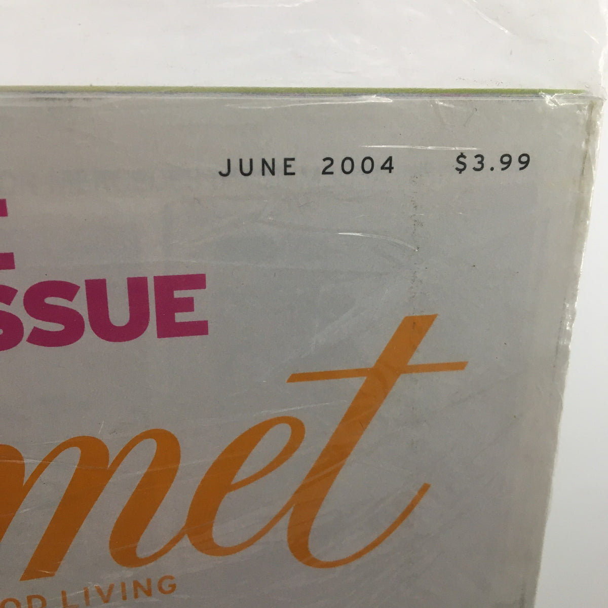 Close-up of the header on Gourmet Magazine June 2004, indicating the issue number and price.