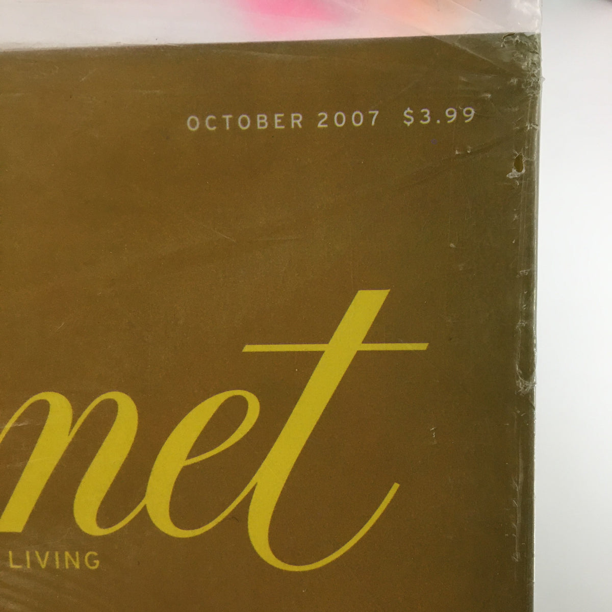 Top view of the Gourmet Magazine October 2007 cover, highlighting the title and date, indicating it is a collectible item.