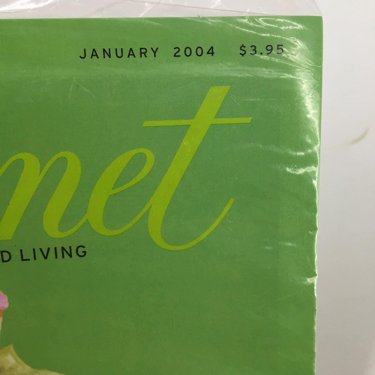 Close-up of the Gourmet Magazine January 2004 cover showcasing the magazine title and date, celebrating vintage culinary art.