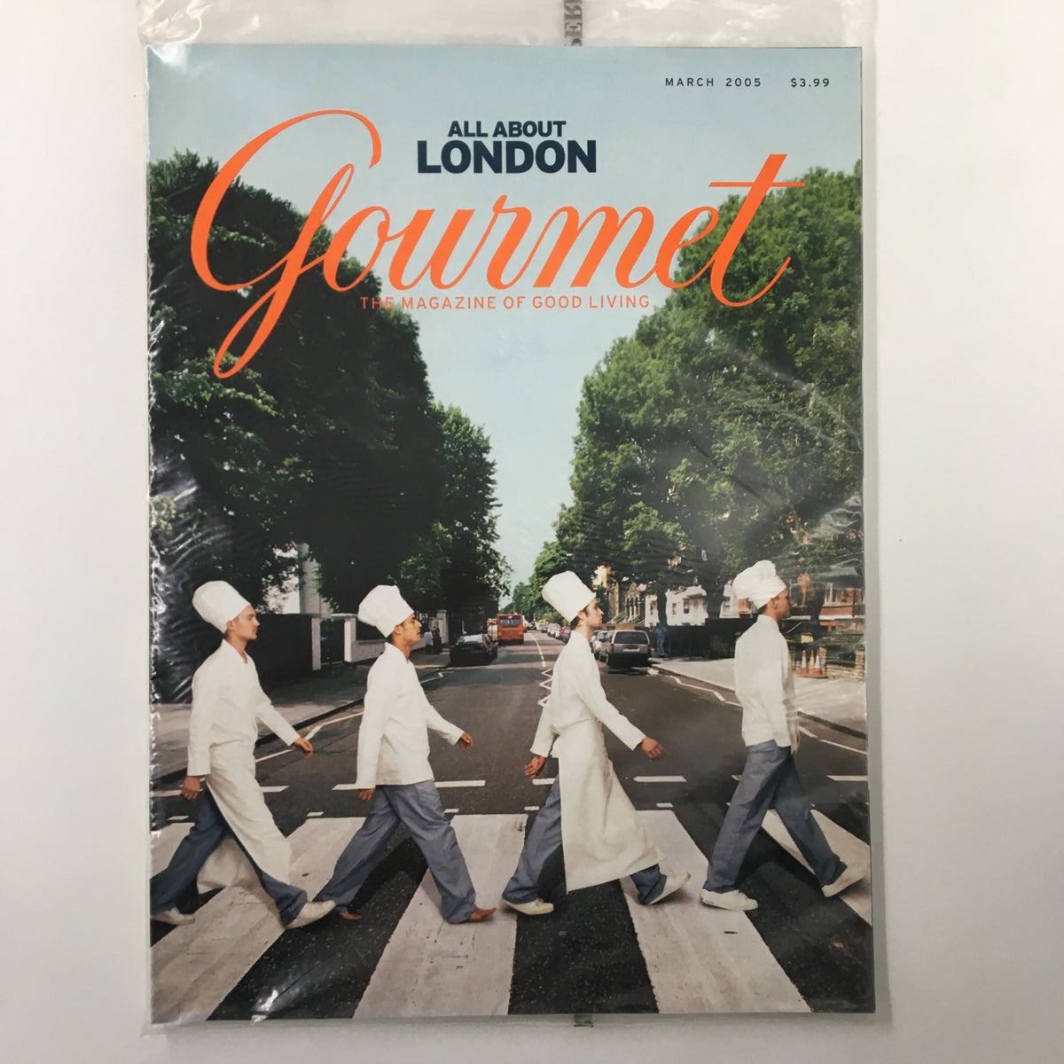 Cover of Gourmet Magazine March 2005 showcasing the Winter Tabbouleh Recipe from The London Issue, featuring chefs walking in unison on a street.