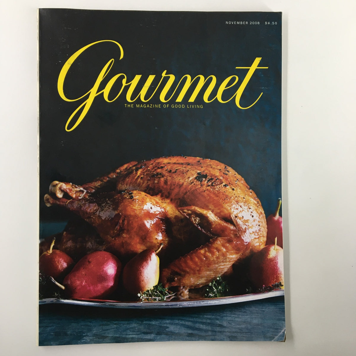 Cover of Gourmet Magazine November 2008 featuring a beautifully roasted turkey and apples, exemplifying the culinary artistry and seasonal recipes of the issue.