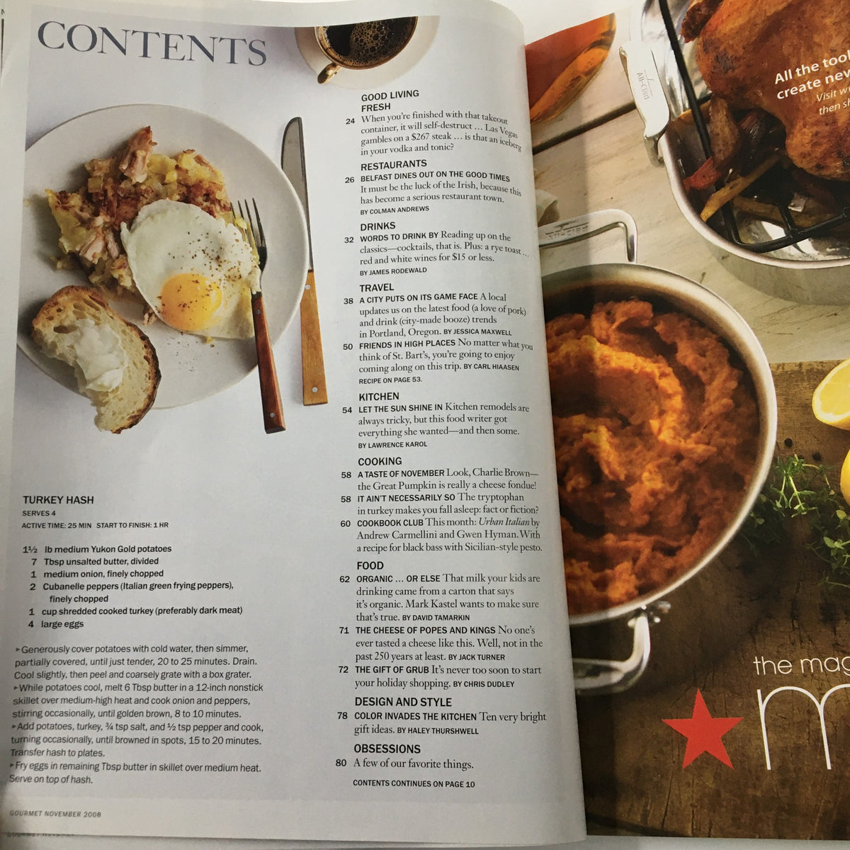 Table of contents from Gourmet Magazine November 2008, showcasing the featured articles including seasonal recipes and culinary insights.