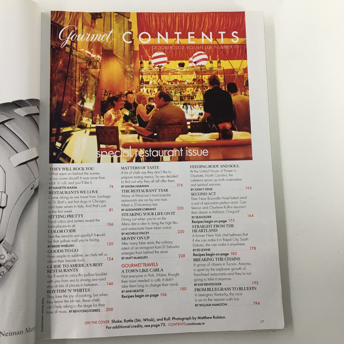 Gourmet Magazine October 2003 Contents page featuring a special restaurant issue, highlighting various culinary topics and articles related to the fine dining experience.