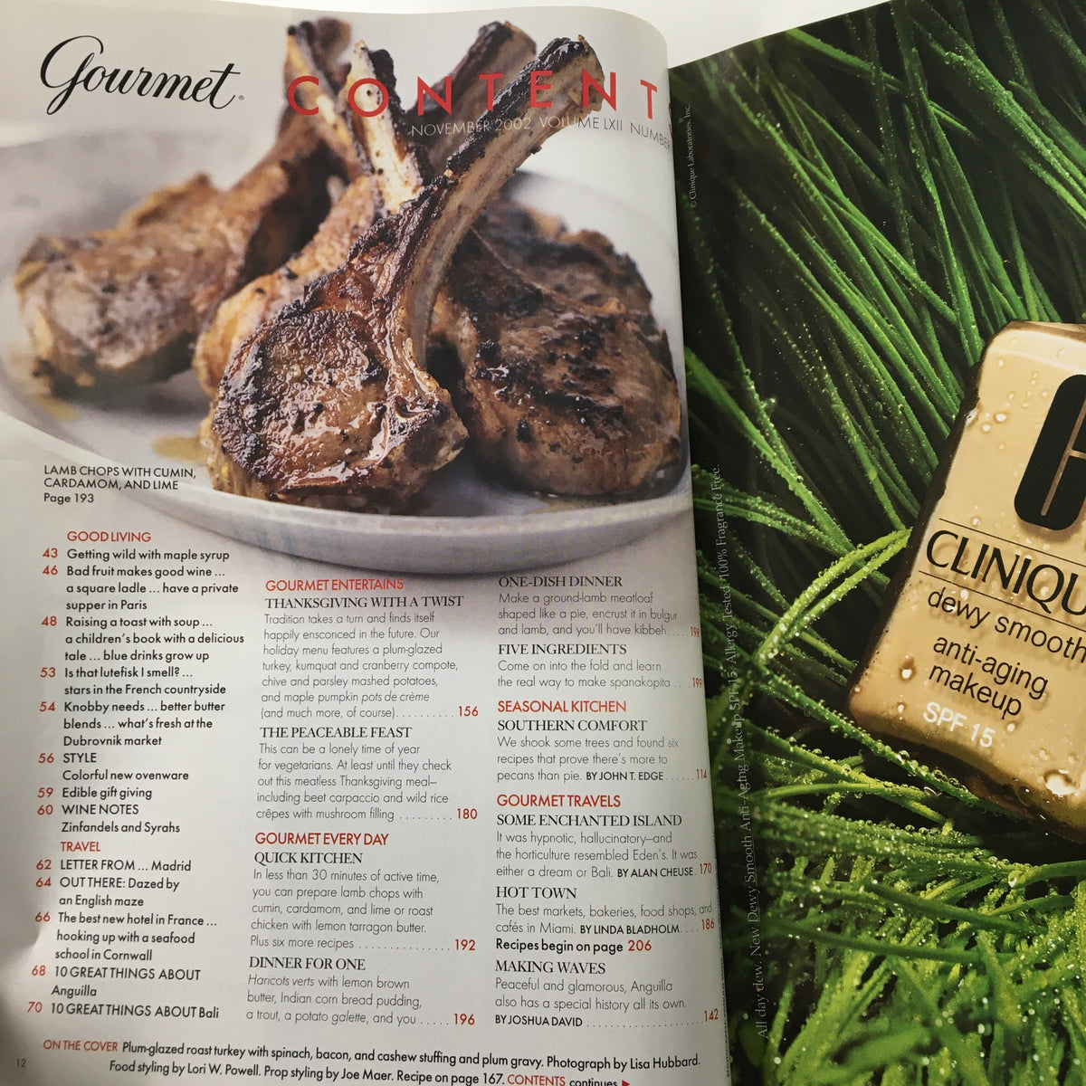 Contents page of Gourmet Magazine November 2002 titled 'The Peaceable Feast Thanksgiving Meal' listing recipes and articles for the holiday season.