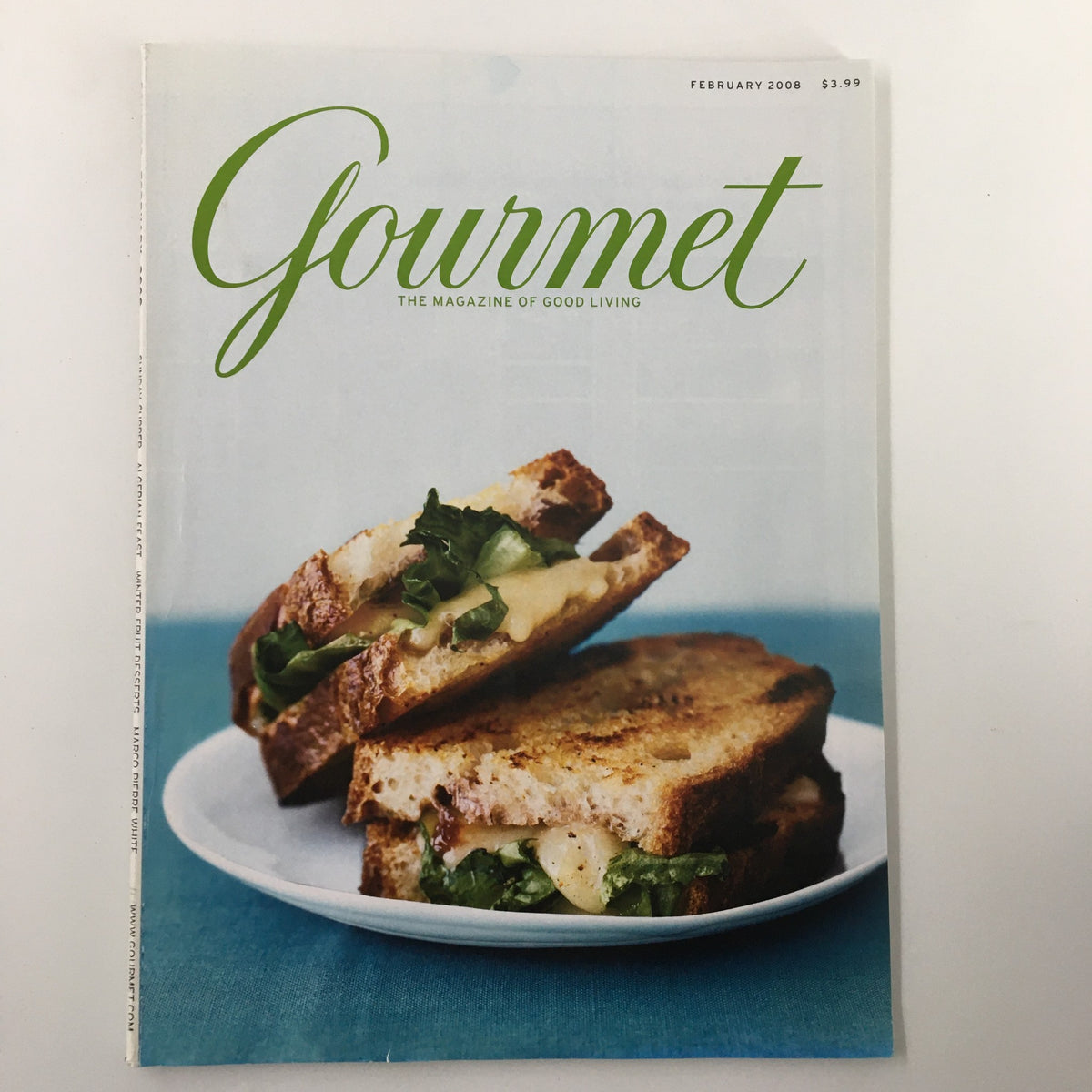 Cover of Gourmet Magazine February 2008 featuring a grilled cheese sandwich with onion jam, taleggio, and escarole on a plate. Title: Gourmet Magazine February 2008 Chef Mary Ellen Carroll Thinks Again No Label.