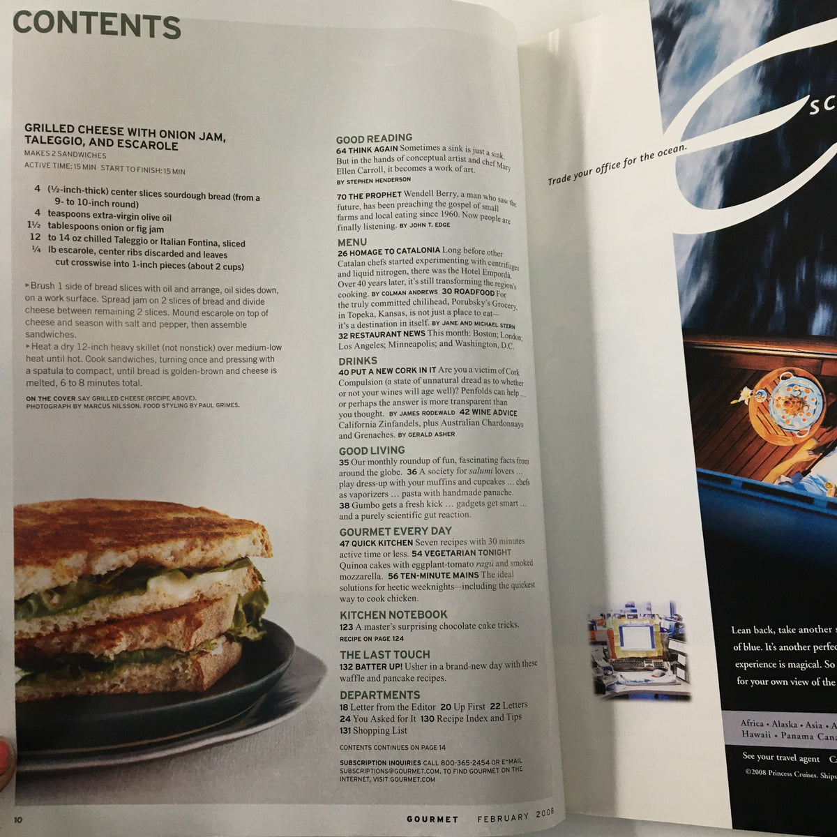 Contents page of Gourmet Magazine February 2008 showcasing recipes and sections including grilled cheese with onion jam, taleggio, and escarole. Title: Gourmet Magazine February 2008 Chef Mary Ellen Carroll Thinks Again No Label.