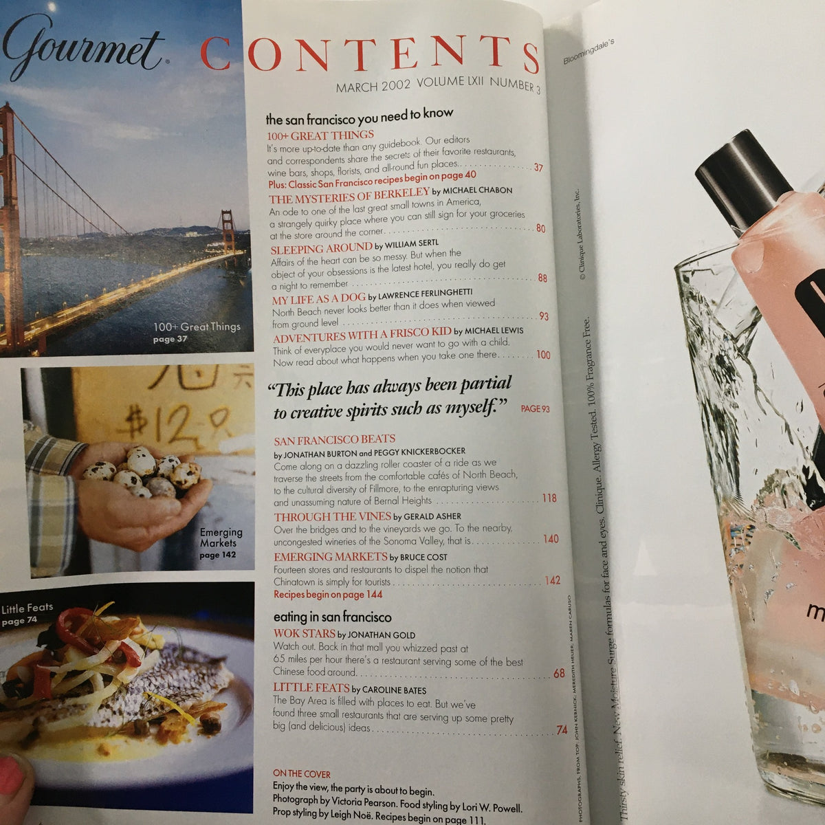 Table of contents from Gourmet Magazine March 2002, highlighting features and articles about San Francisco's culinary scene.