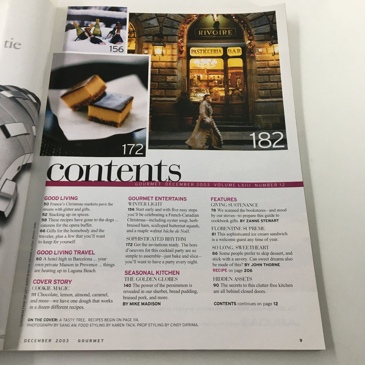 Contents page of Gourmet Magazine December 2003 showcasing sections on travel and dining, with a picture of a pasticceria, perfect for those interested in culinary exploration and lifestyle.