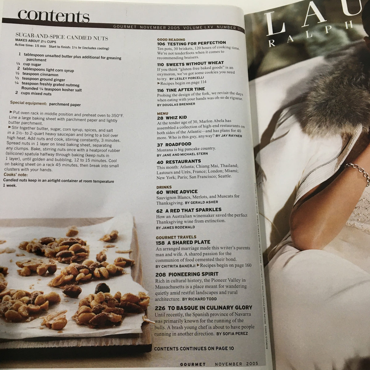 Contents page of Gourmet Magazine November 2005, showcasing various articles and recipes including sugar-and-spice candied nuts and culinary insights related to the Spanish Province of Navarra.