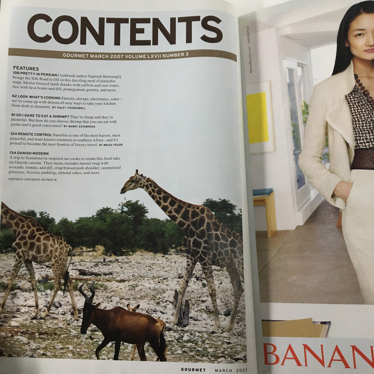 Contents page of Gourmet Magazine March 2007 showcasing features including giraffes and a Danish modern recipe, highlighting culinary and cultural insights.
