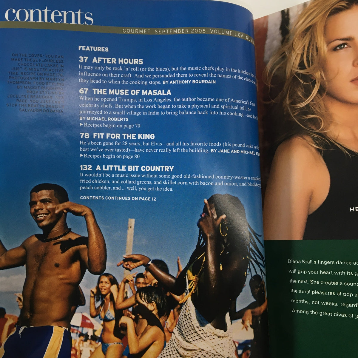 Contents page of Gourmet Magazine September 2005, featuring articles such as 'After Hours' and 'The Web of Masala', celebrating culinary diversity and culture, along with a tribute to Elvis Presley.