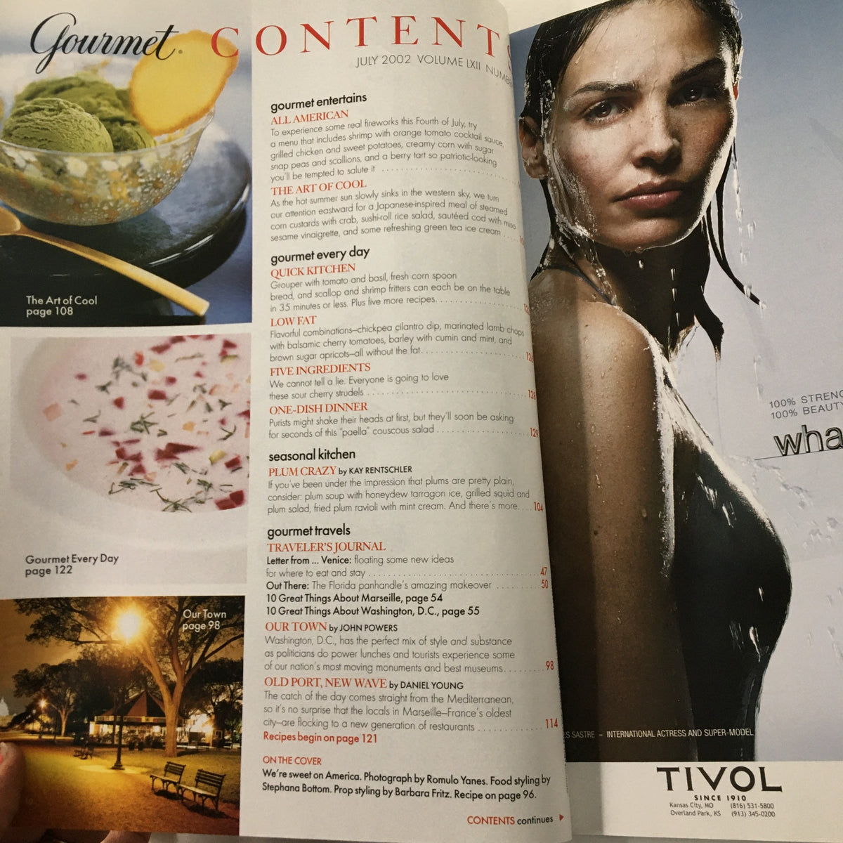 Table of contents page from Gourmet Magazine July 2002, showcasing articles and features, including 'The Art of Cool', with a striking image of a model.