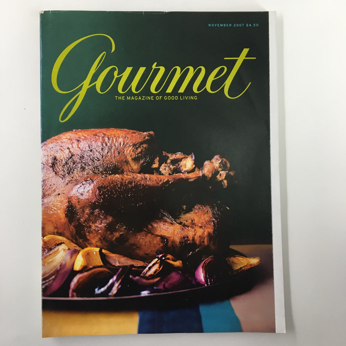 Gourmet Magazine November 2007 cover featuring a beautifully roasted turkey on a platter, highlighting the themed issue, "The Vegetarian's Dilemma Has Been Solved."