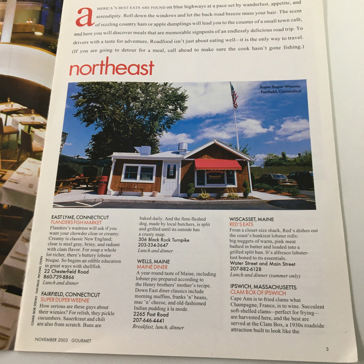 Interior page from Gourmet Magazine November 2003 featuring the Northeast section, listing famous food spots and local specialties in the region.