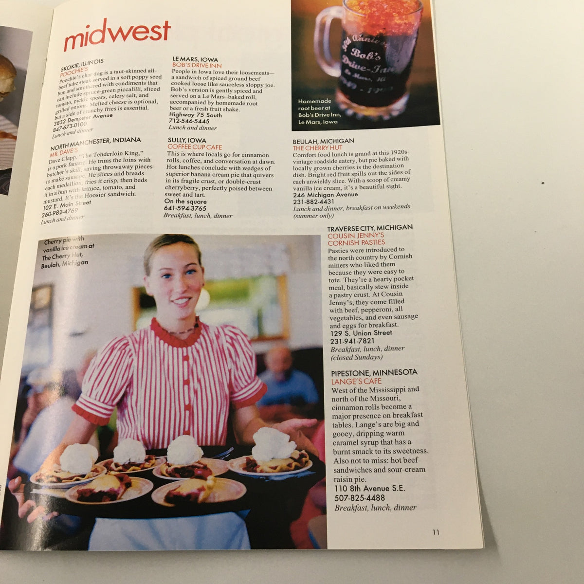 Interior page from Gourmet Magazine November 2003 dedicated to the Midwest, highlighting popular dining establishments and showcasing Midwestern cuisine.