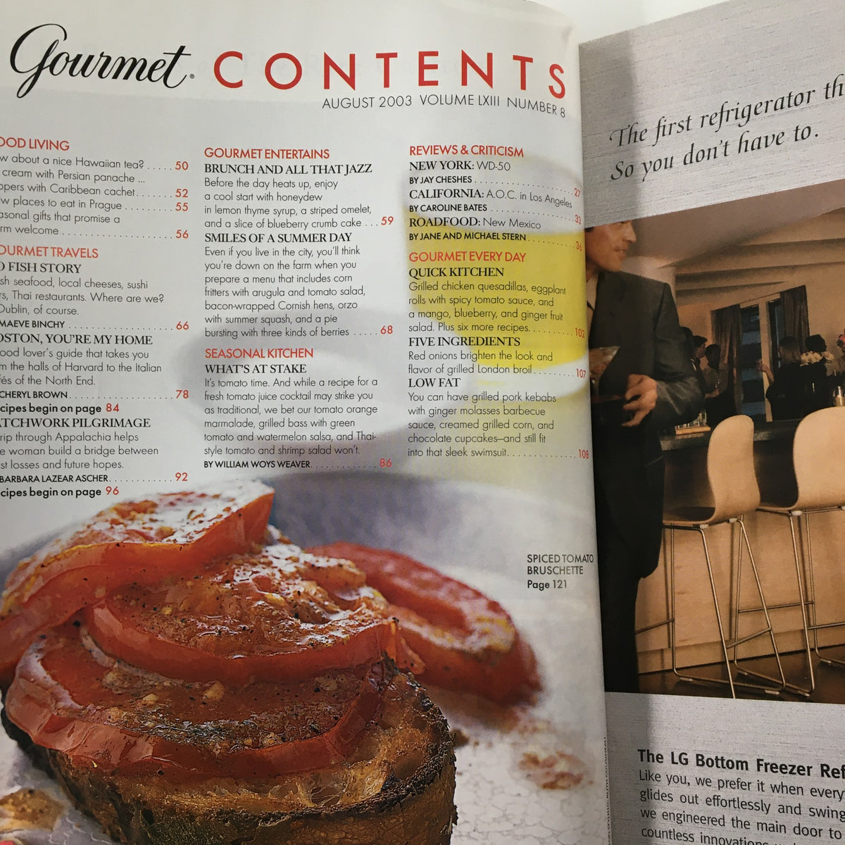 Inside content page of Gourmet Magazine August 2003 showcasing the table of contents with highlighted sections on Quick Kitchen and Grilled Kitchen Quesadillas.