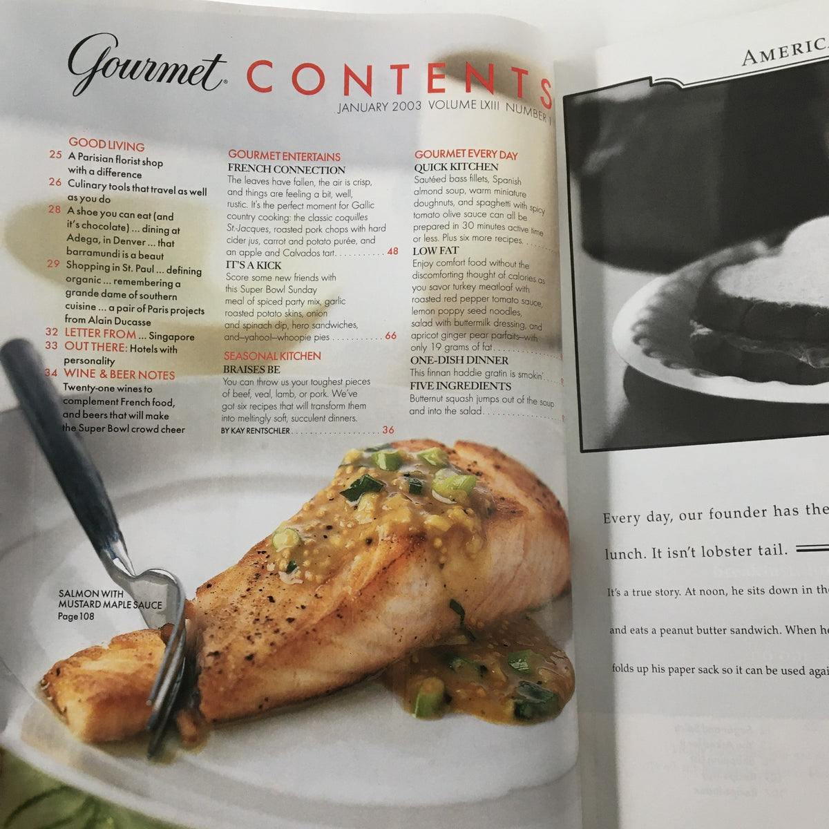 Inside page of Gourmet Magazine January 2003 featuring the table of contents with recipes and features related to the Super Bowl theme