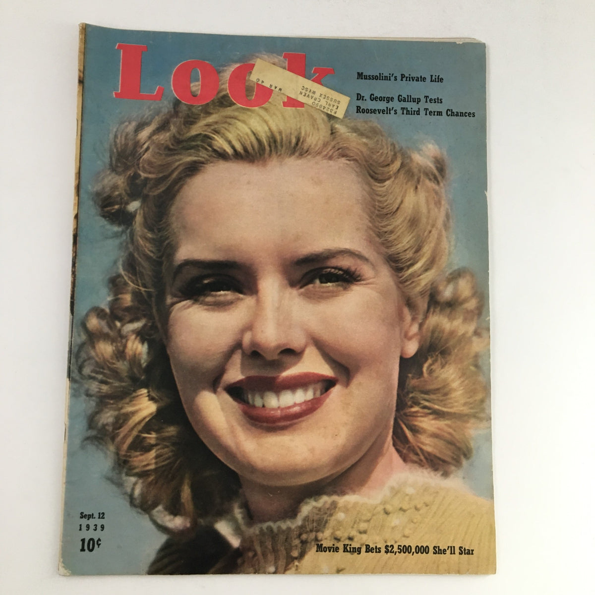Look Magazine September 12, 1939 featuring a smiling woman with curly hair on the cover, showcasing the edition that includes articles on Benito Mussolini and Franklin Roosevelt.