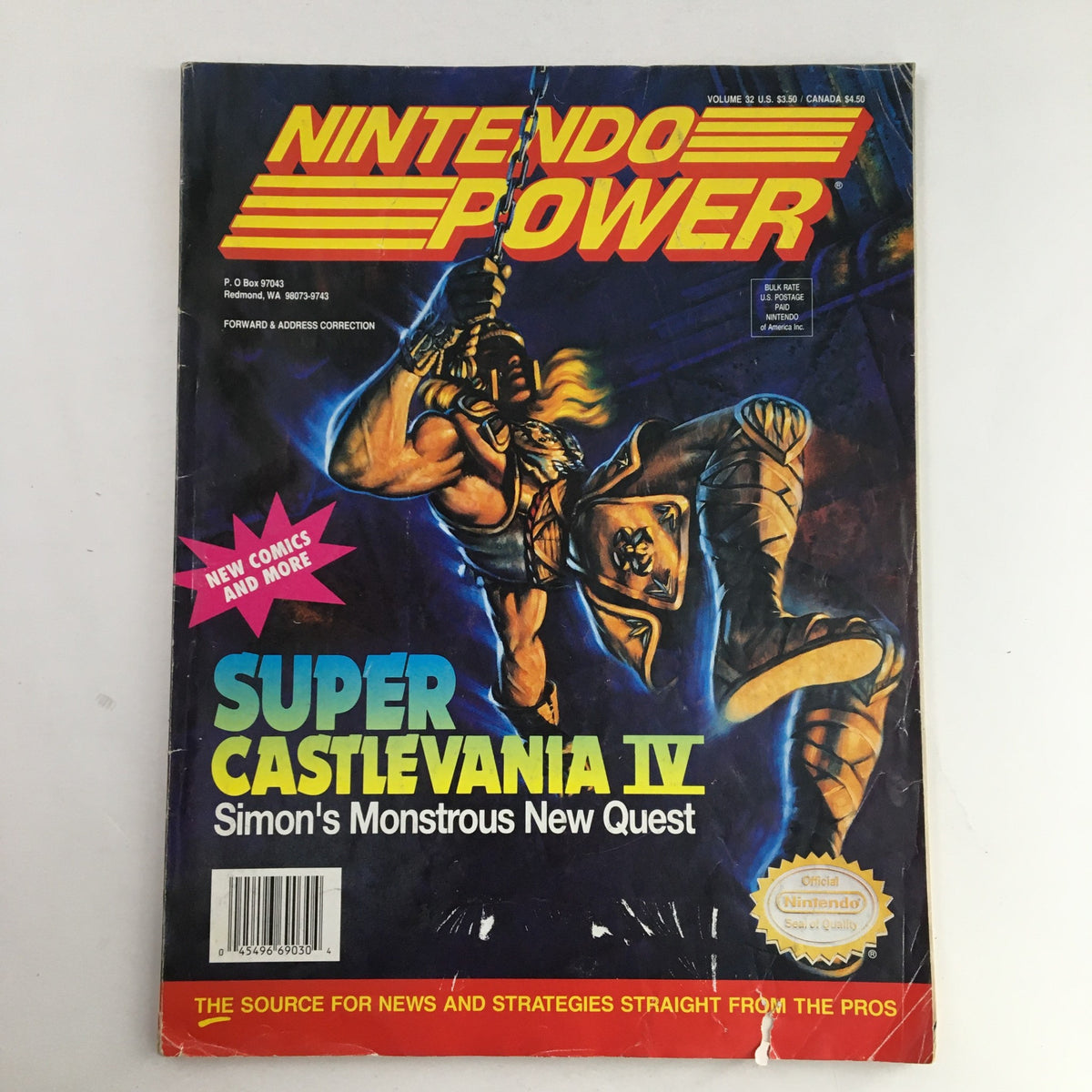 Cover of Nintendo Power Magazine January 1992 Vol 32 featuring Super Castlevania IV Simon’s New Quest. The image displays vibrant artwork with Simon holding a weapon, emphasizing retro gaming culture.
