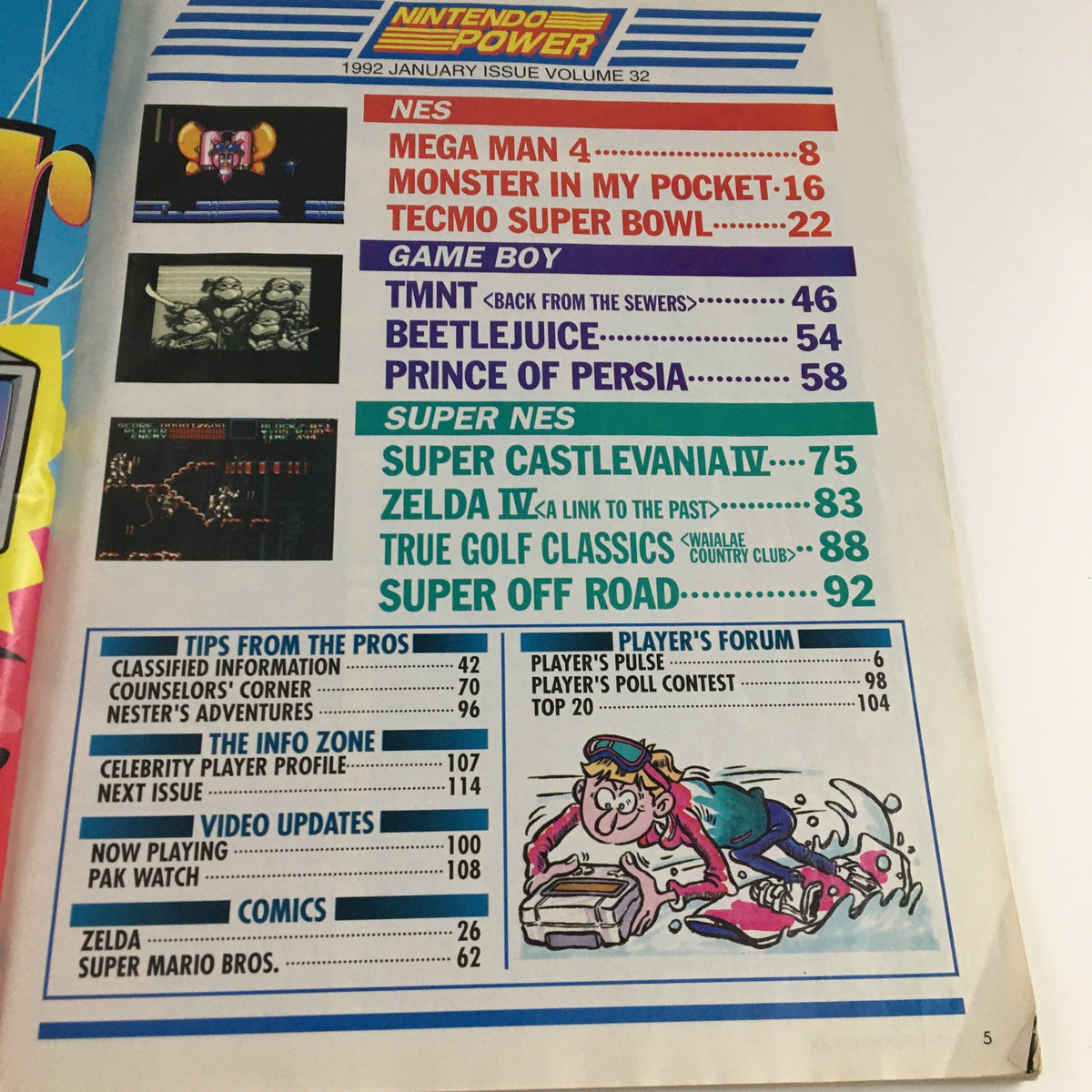 Table of contents from the Nintendo Power Magazine January 1992 issue, Volume 32. It includes game titles like Mega Man 4, TMNT, and Super Castlevania IV, showcasing articles and features.