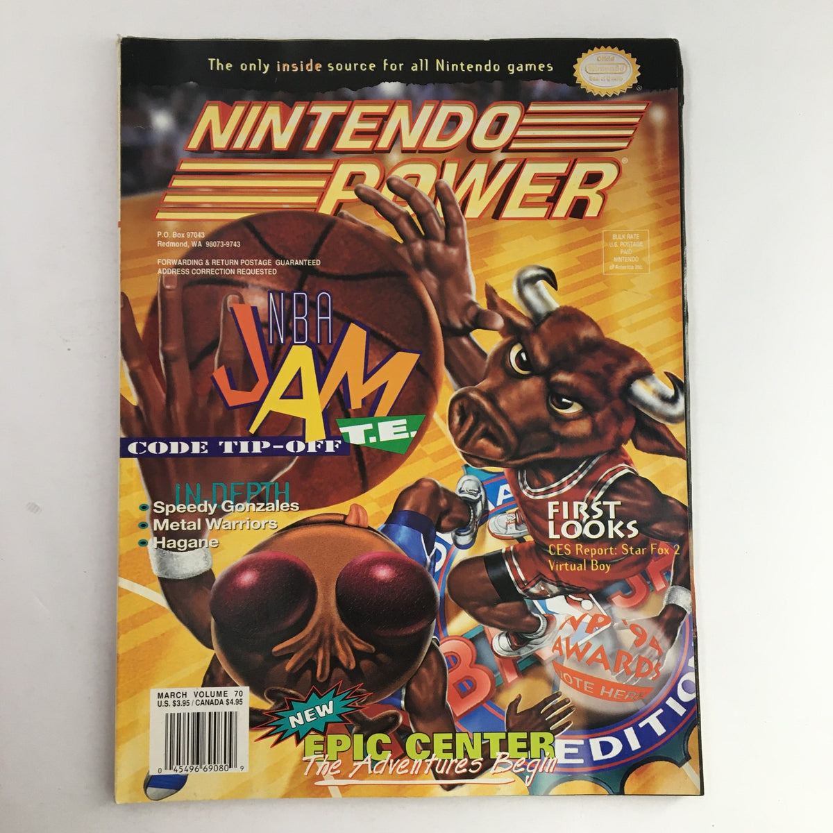 Cover of Nintendo Power Magazine March 1995 Vol 70 featuring NBA Jam T.E. and Epic Center Adventure, showcasing vibrant artwork and themes related to classic 90s video games.