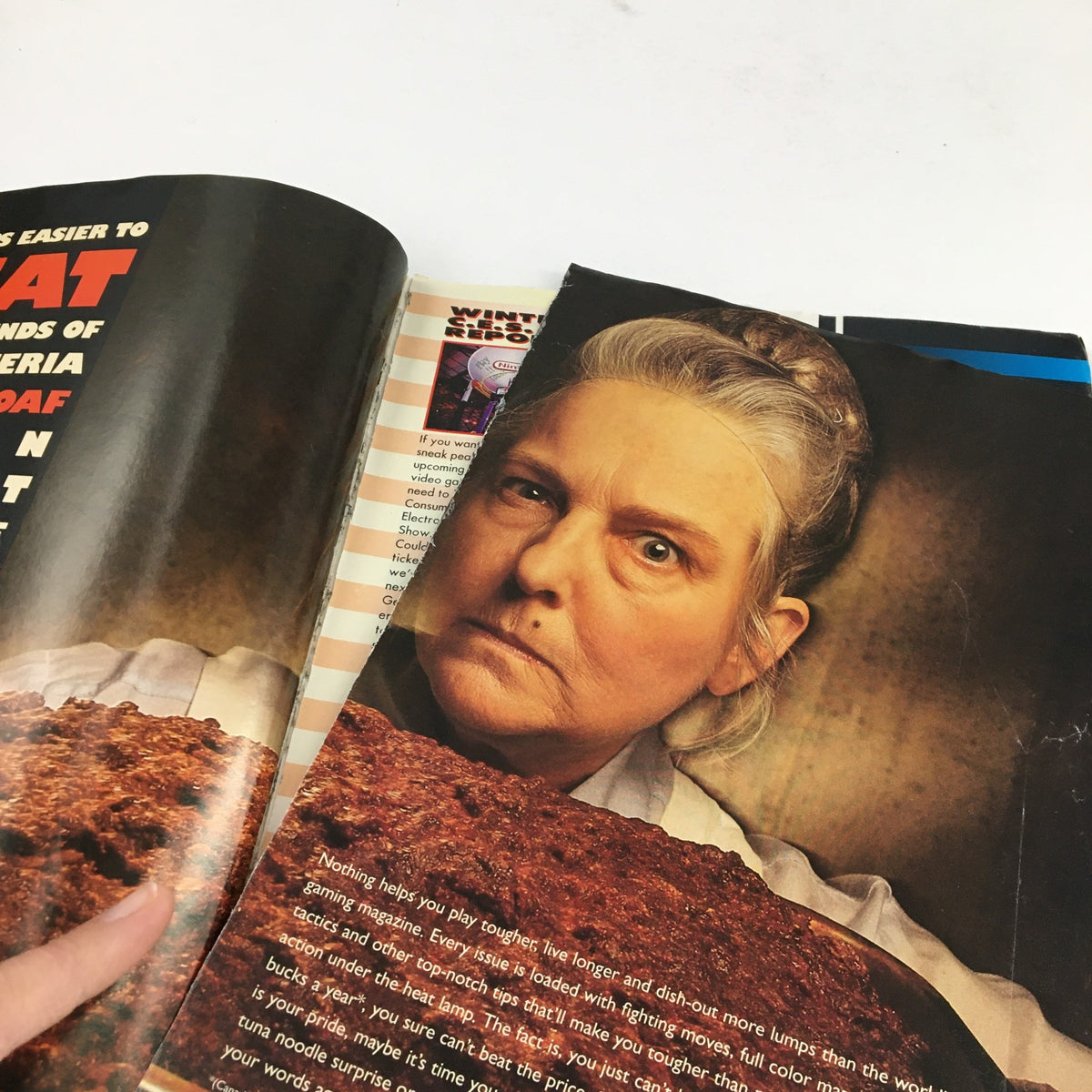 Interior page of Nintendo Power Magazine March 1995 Vol 70, displaying an article with an image of a woman looking sternly at a dish, highlighting the magazine's blend of gaming content and quirky visuals.