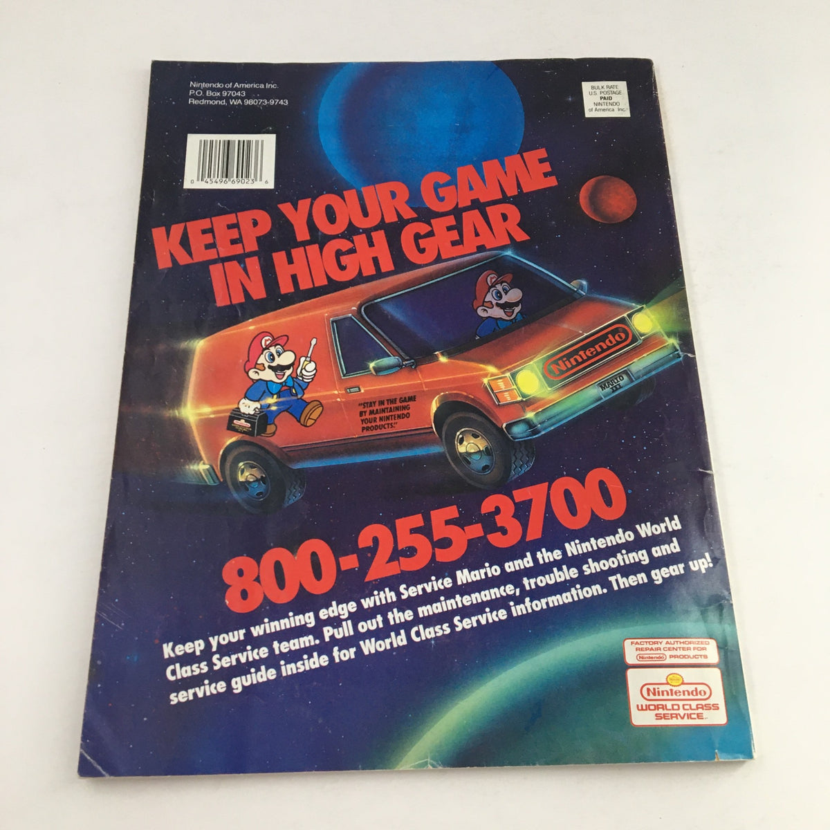 Back cover of Nintendo Power Magazine October 1991 Vol 29 Star Trek To Adventure, featuring a cosmic background with Mario and a Nintendo service van, highlighting the service contact number 800-255-3700.