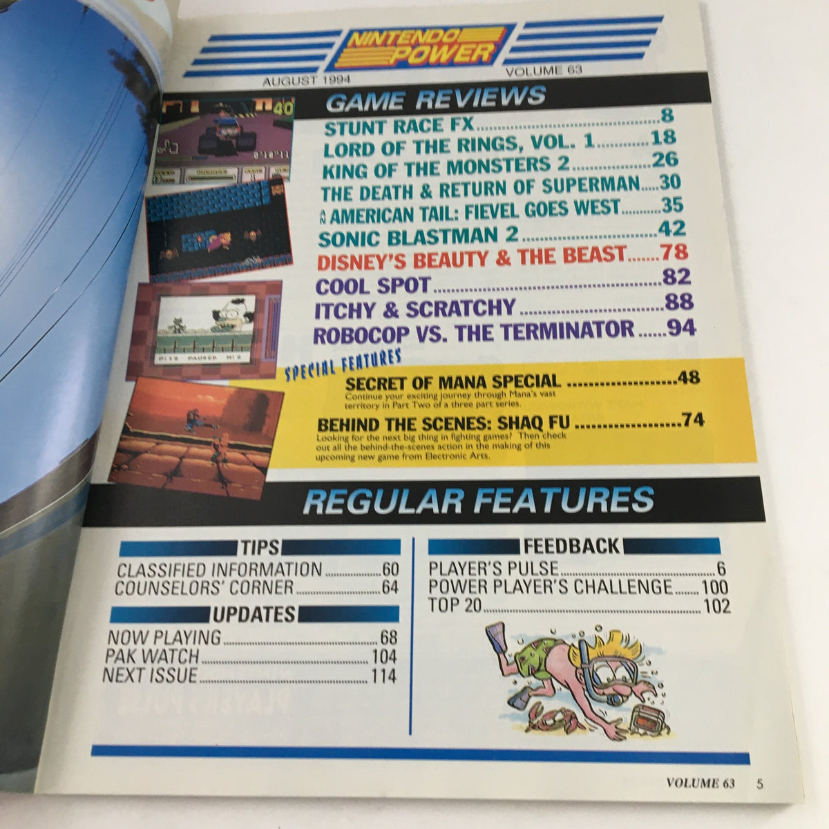 Inside page of Nintendo Power Magazine August 1994 Vol 63 showcasing the table of contents with highlighted game reviews and features for Stunt Race FX.