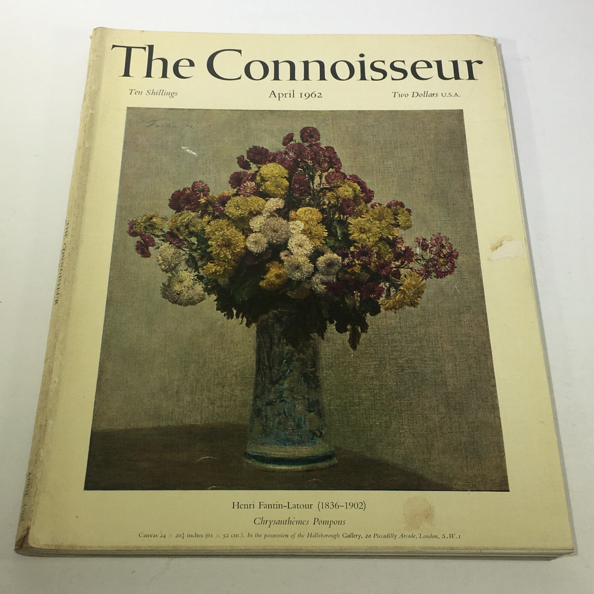 Cover of The Connoisseur magazine, April 1962, showcasing a floral arrangement by Henri Fantin-Latour. The title and date are prominently displayed.