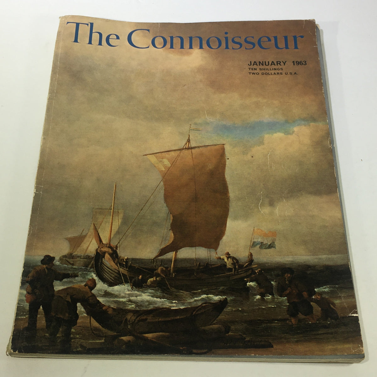 Cover of VTG The Connoisseur Magazine January 1963, featuring a maritime scene with sails and boats, showcasing the theme 'Ships On Shore'.