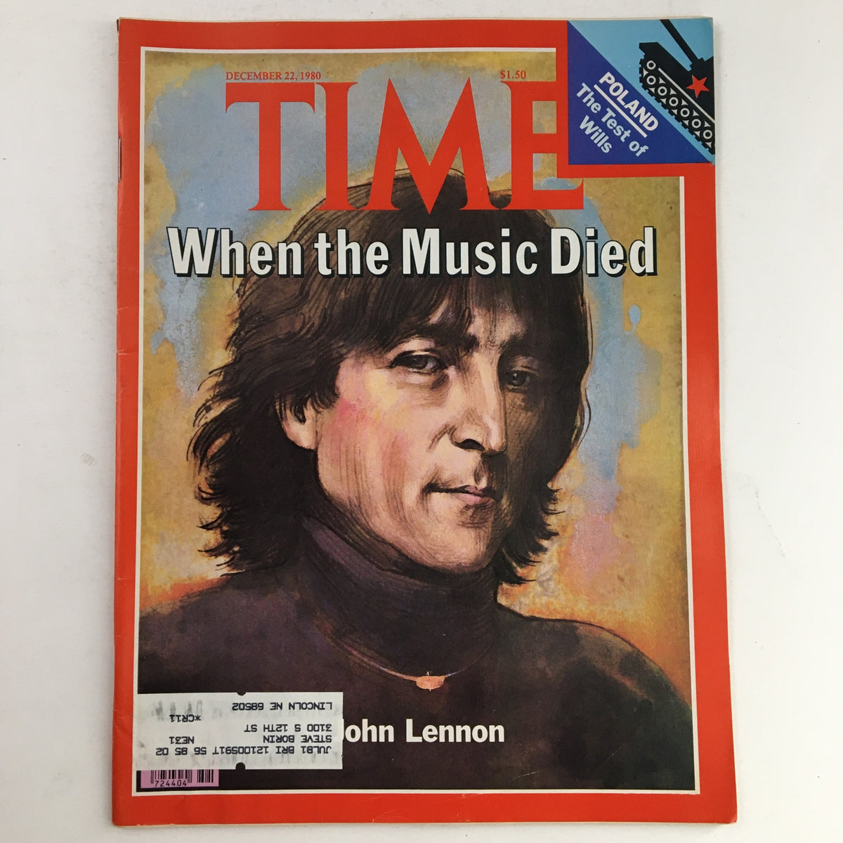 Time Magazine December 22 1980 edition featuring John Lennon on the cover with the title 'When the Music Died', showcasing an illustration of Lennon against a colorful background, highlighting the magazine's significance in music history.