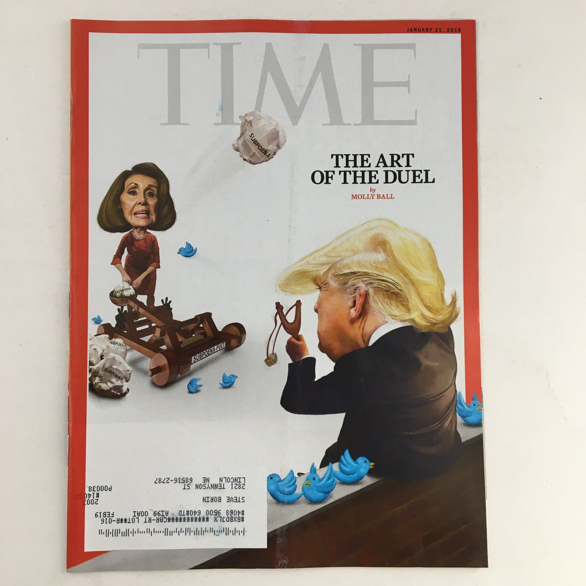 Time Magazine January 21 2019 cover featuring the article 'The Art of the Duel' by Molly Ball, illustrated with a caricature of Donald Trump and Nancy Pelosi, capturing the political tensions of the era.