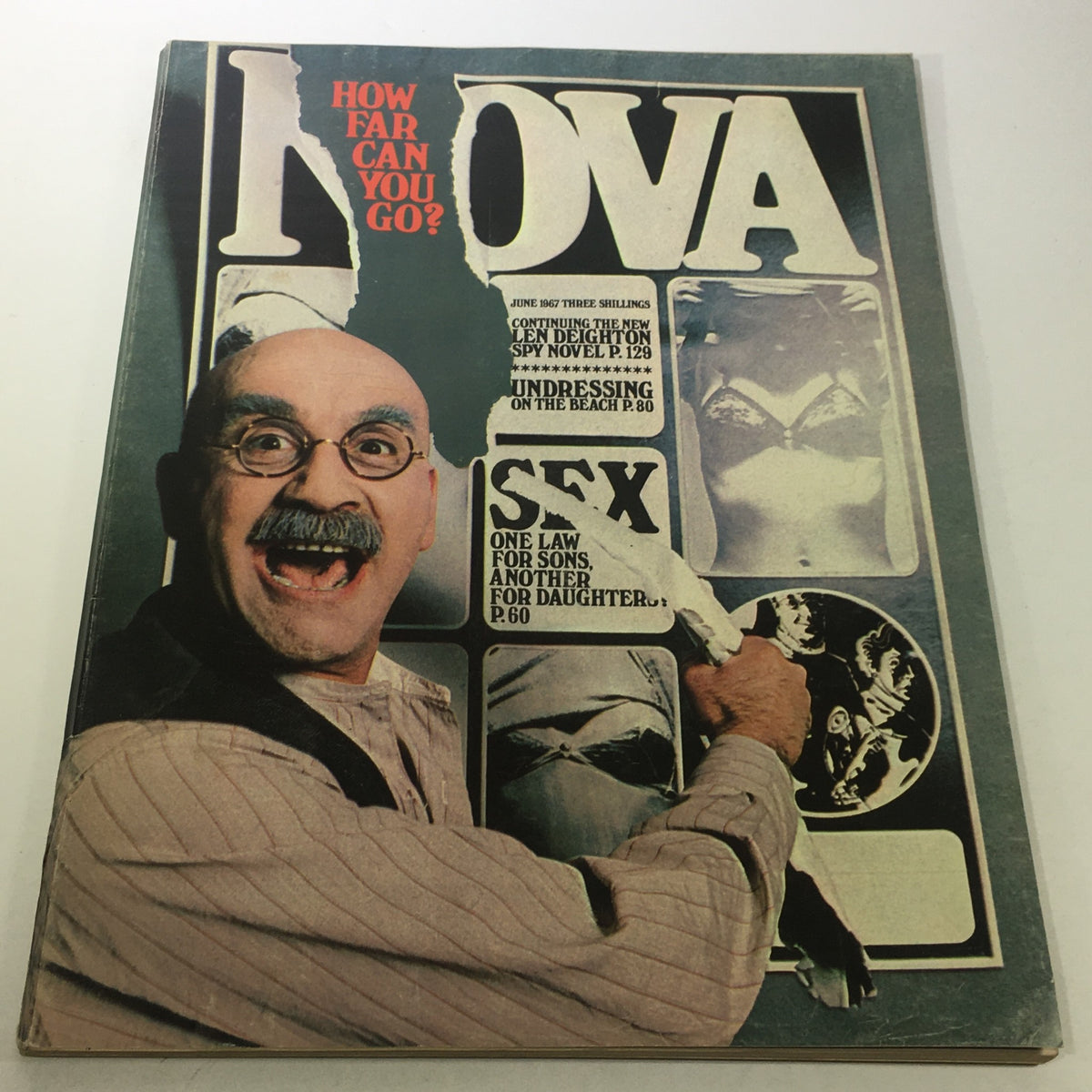 Vintage Nova Magazine June 1967 cover featuring a humorous character, highlighting articles on the John F. Kennedy assassination and other topics.