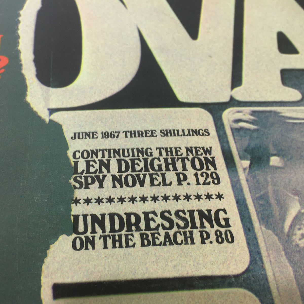Close-up of the vintage Nova Magazine June 1967 text detailing articles including 'Undressing on the Beach' and 'Len Deighton's Spy Novel'.