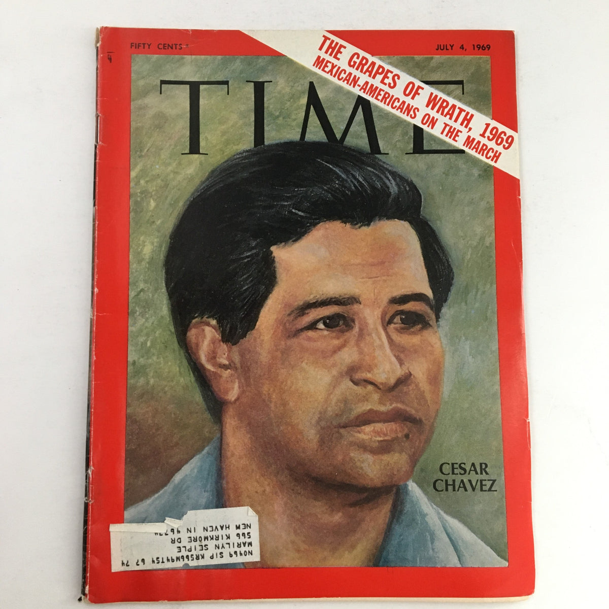 Cover of Time Magazine dated July 4, 1969, featuring a portrait of Cesar Chavez, highlighting the struggles of Mexican-Americans and the theme 'The Grapes of Wrath, 1969'.