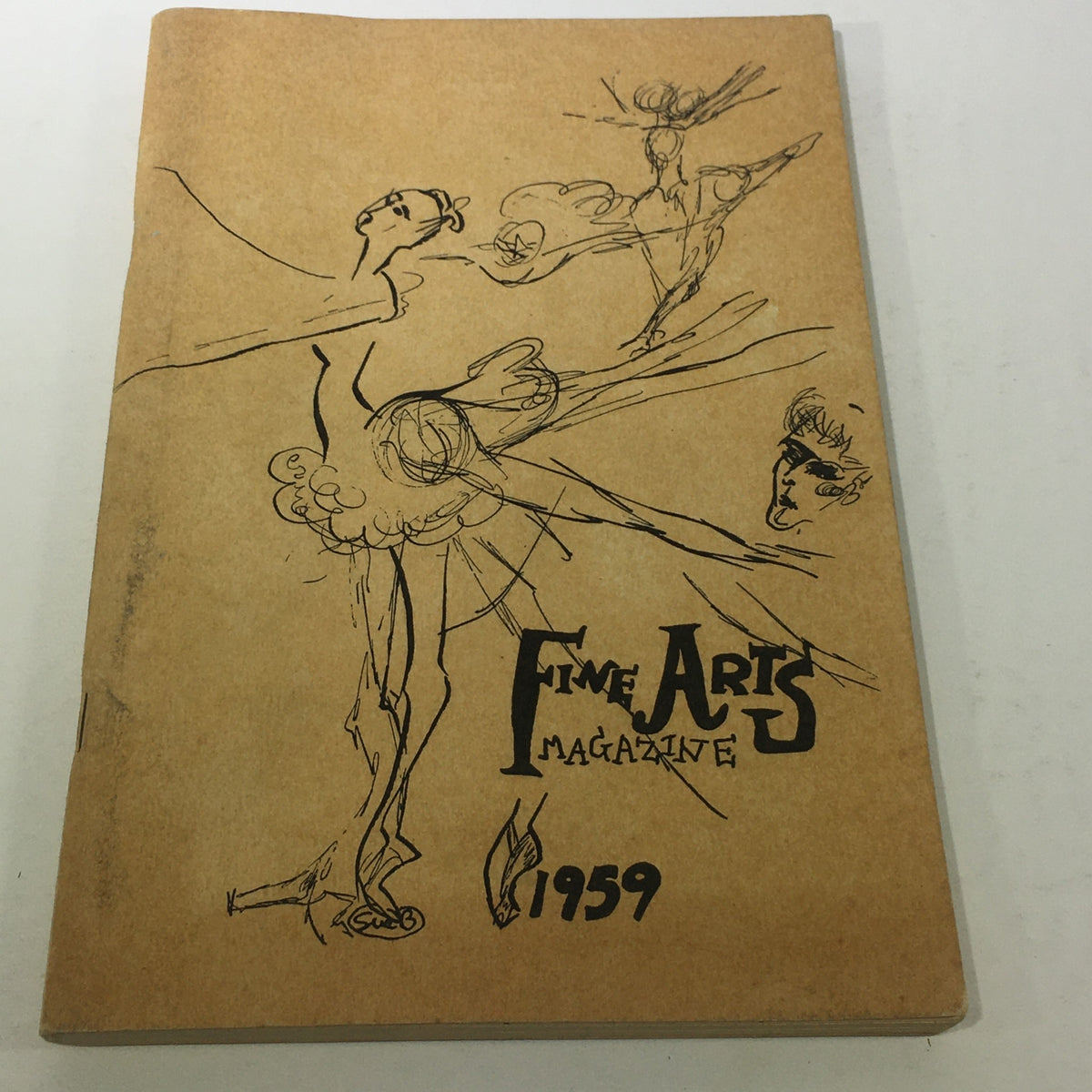 Cover of the VTG Fine Arts Magazine 1959 featuring artistic sketches, including a ballerina and abstract figures, embodying the artistic trends of the late 1950s.