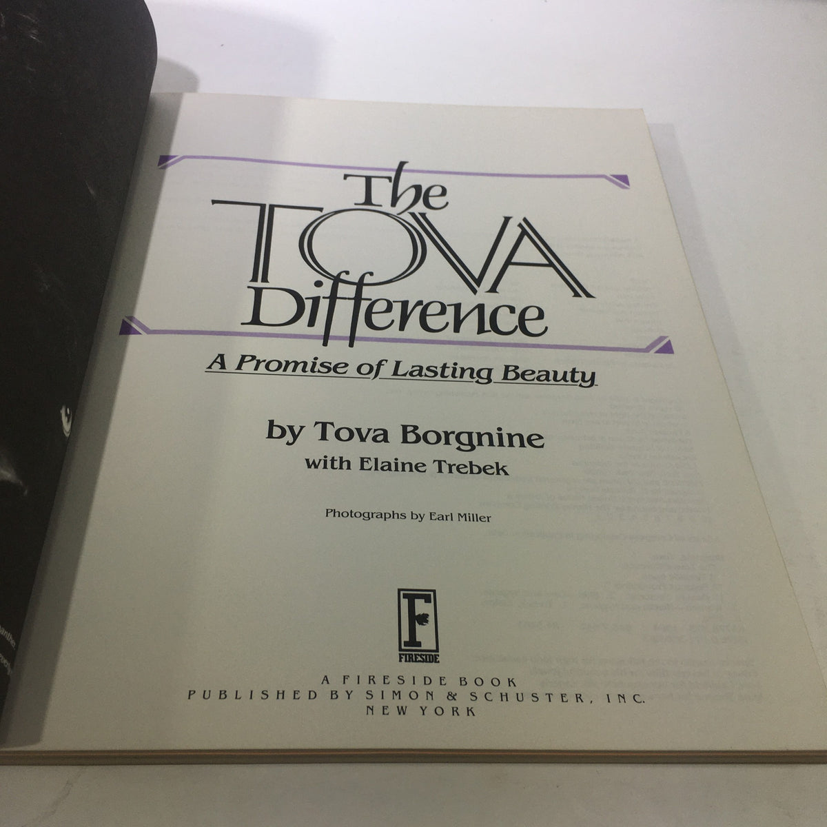 Inside page of 'The Tova Difference by Tova Borgnine: 1984 - A Promise of Lasting Beauty,' displaying the title page with information about the author Tova Borgnine and Elaine Trebek.