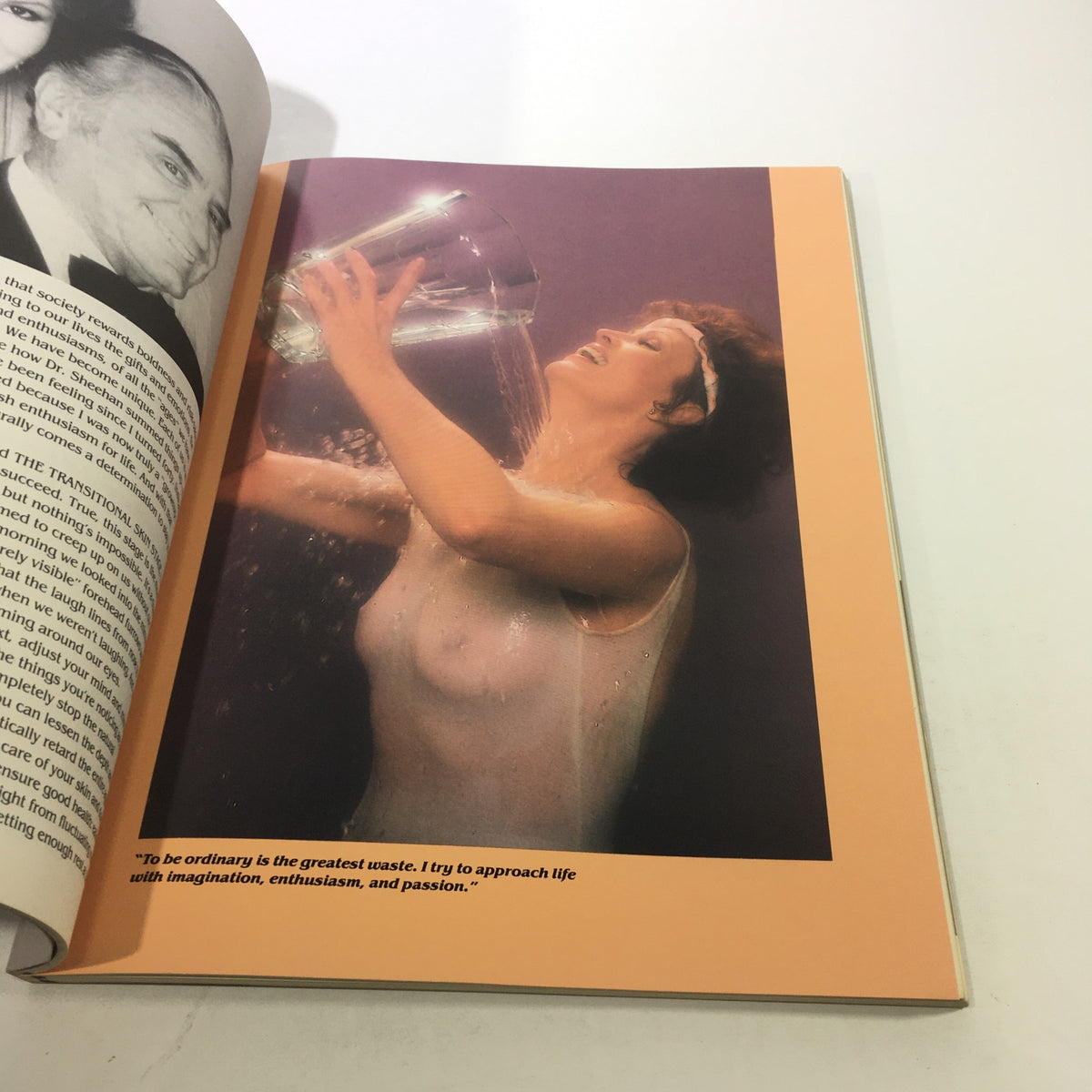 Image from 'The Tova Difference by Tova Borgninne: 1984 - A Promise of Lasting Beauty' showing a woman pouring water, symbolizing beauty and vitality, accompanied by a motivational quote.