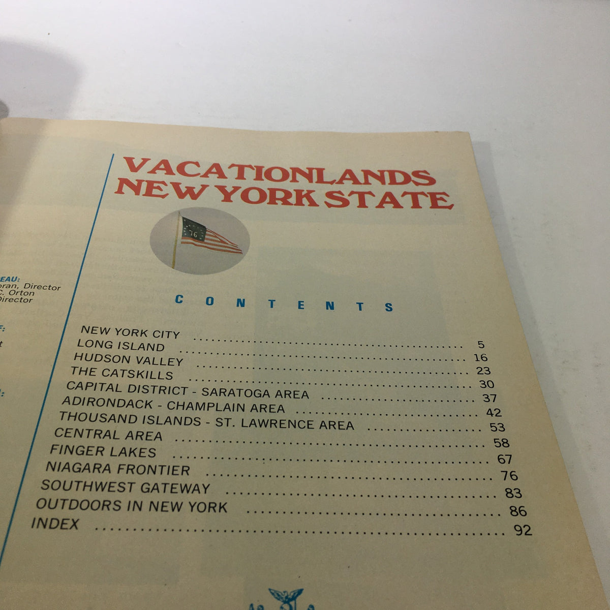Table of contents from the VTG Vacationlands New York State Bicentennial Edition 1976 showcasing various regions including Long Island, Hudson Valley, and Niagara Frontier.