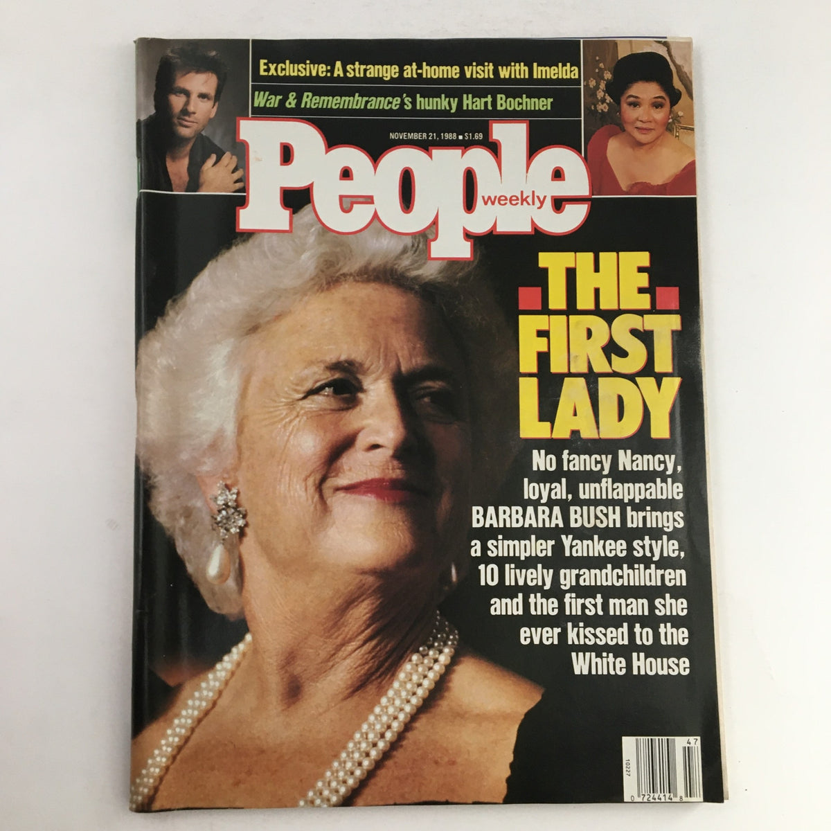 People Weekly Magazine cover from November 21, 1988, featuring an article titled 'THE FIRST LADY' about Barbara Bush, alongside images of Imelda Marcos and a model. This vintage magazine highlights the influence of prominent women in the late 1980s.